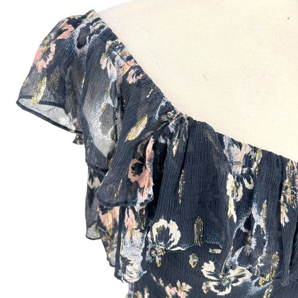 Rebecca Taylor Silk Floral Metallic Double Ruffle One-Shoulder Blue Top Size 6 - Picture 10 of 16